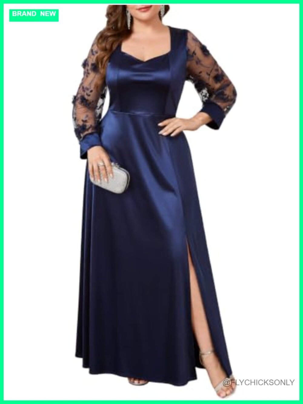 Plus Size Satin Maxi Dress 3D Floral Square Neck Long Sleeve Evening Gown